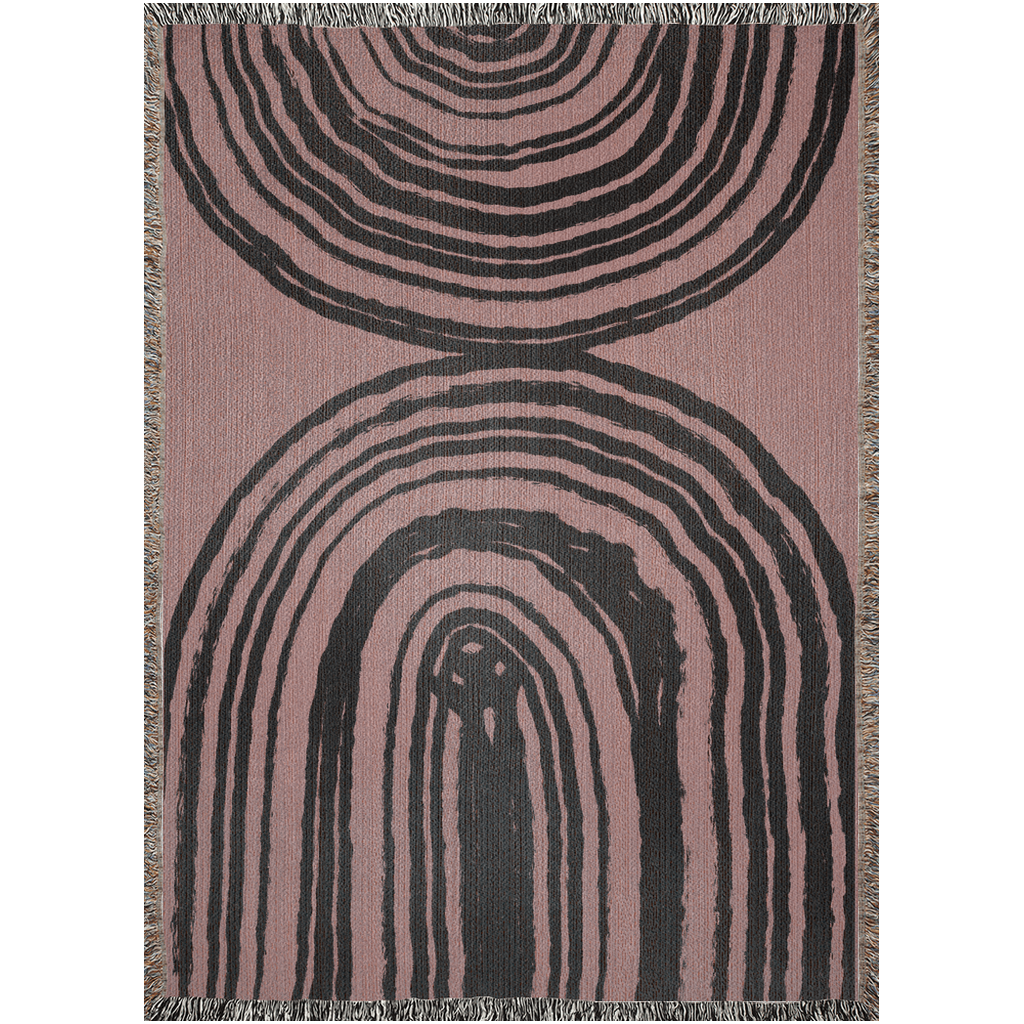 Organic Ring Pattern Woven Cotton Blanket in Dusty Rose and Black