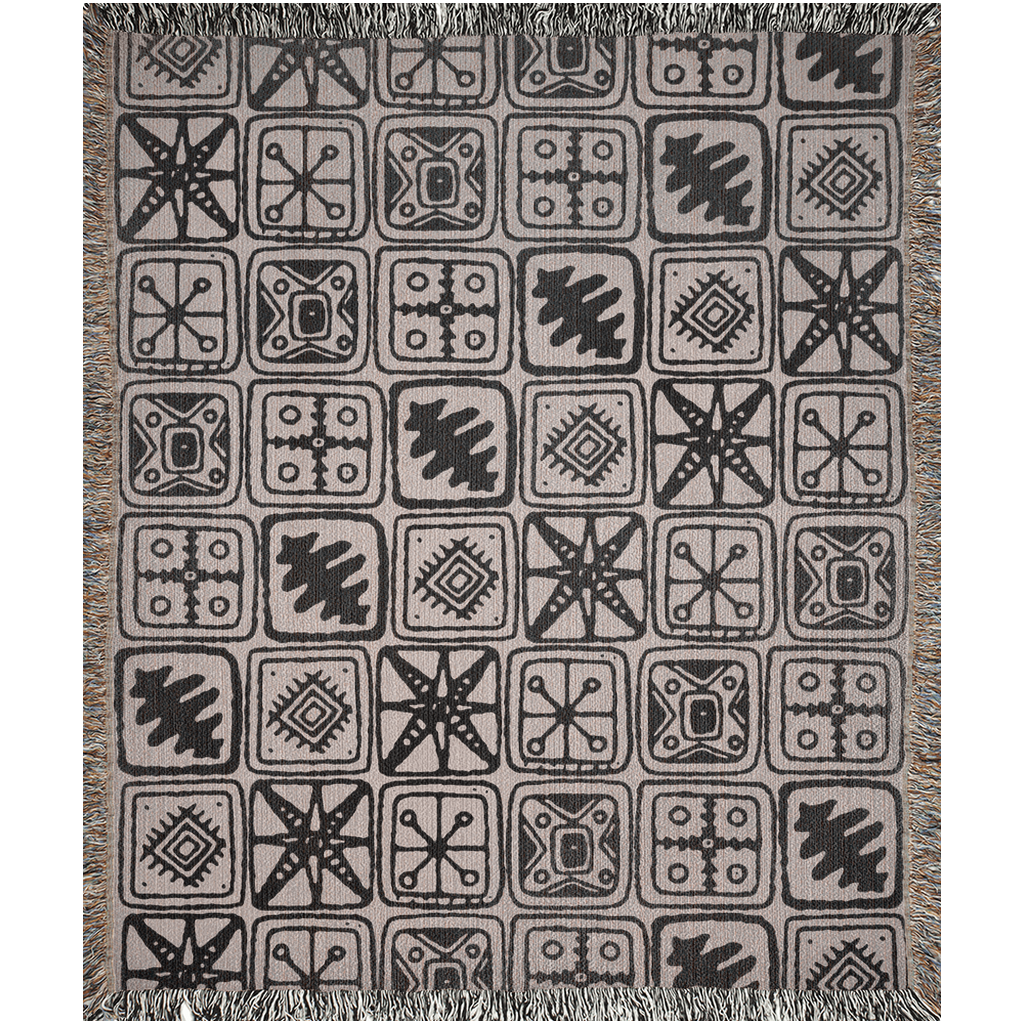 Tribal Motif Patchwork Woven Cotton Blanket in Beige and Black