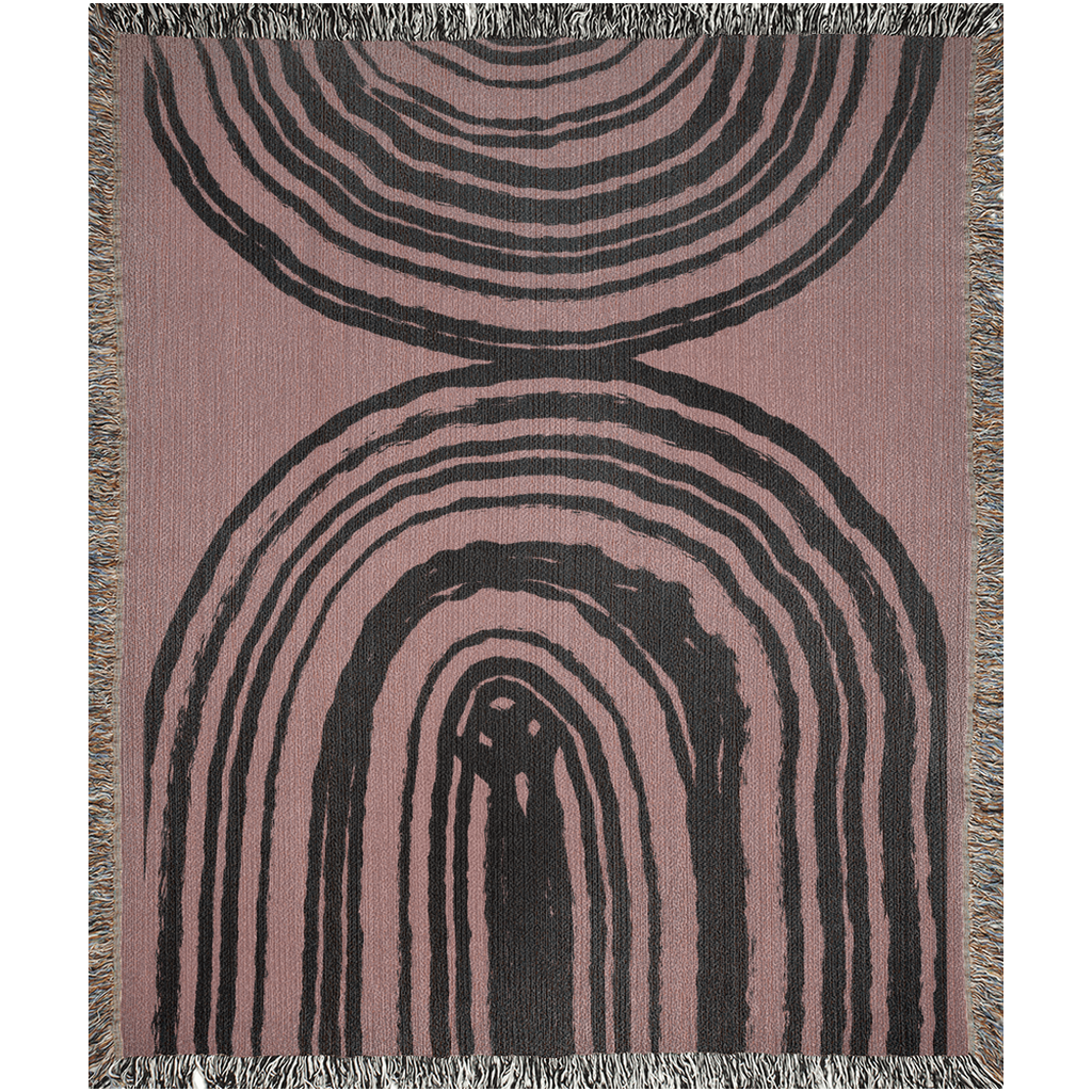 Organic Ring Pattern Woven Cotton Blanket in Dusty Rose and Black