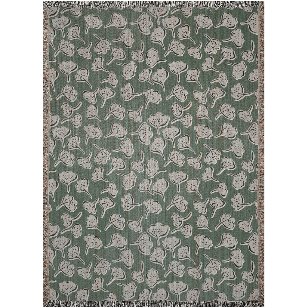 Green and White Modern Boho Flower Woven Cotton Throw Blankets