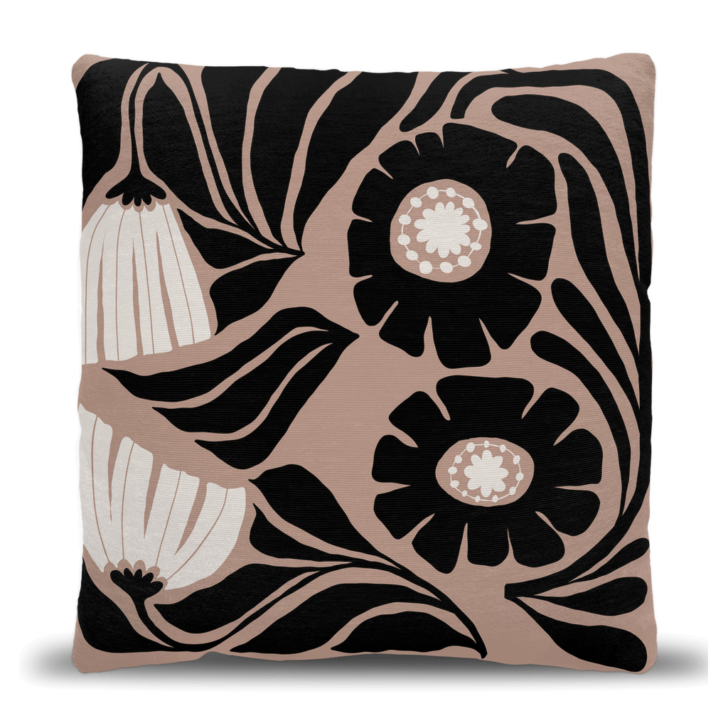 Beige and Black Boho Floral Woven Pillow