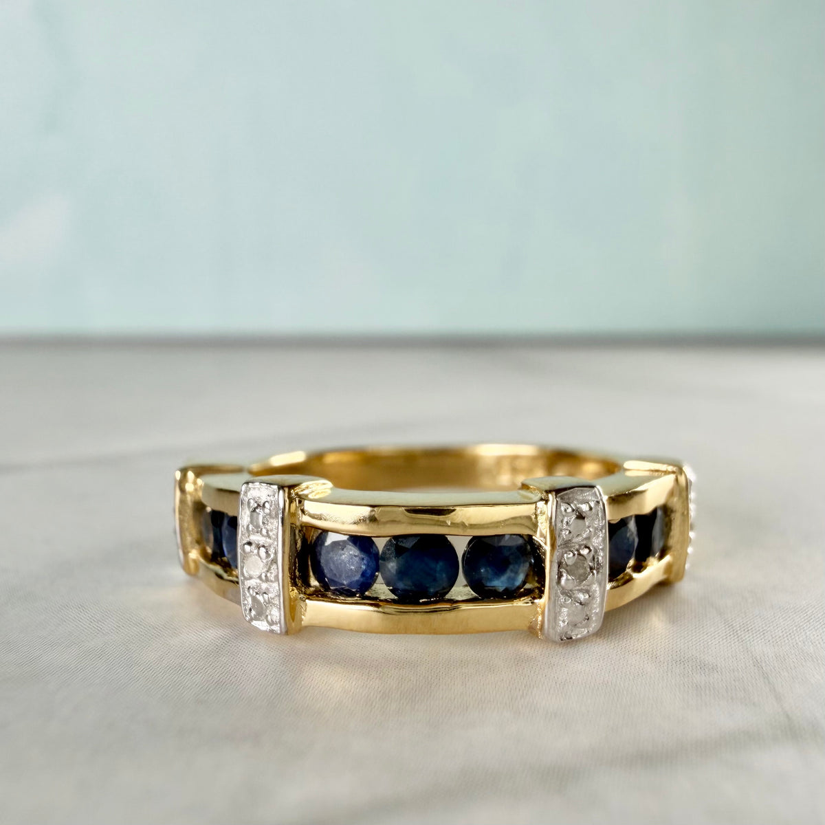 Natural Sapphire & Diamond Channel Ring in Gold Plated Sterling Silver