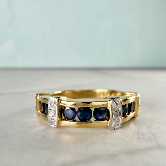 Natural Sapphire & Diamond Channel Ring in Gold Plated Sterling Silver