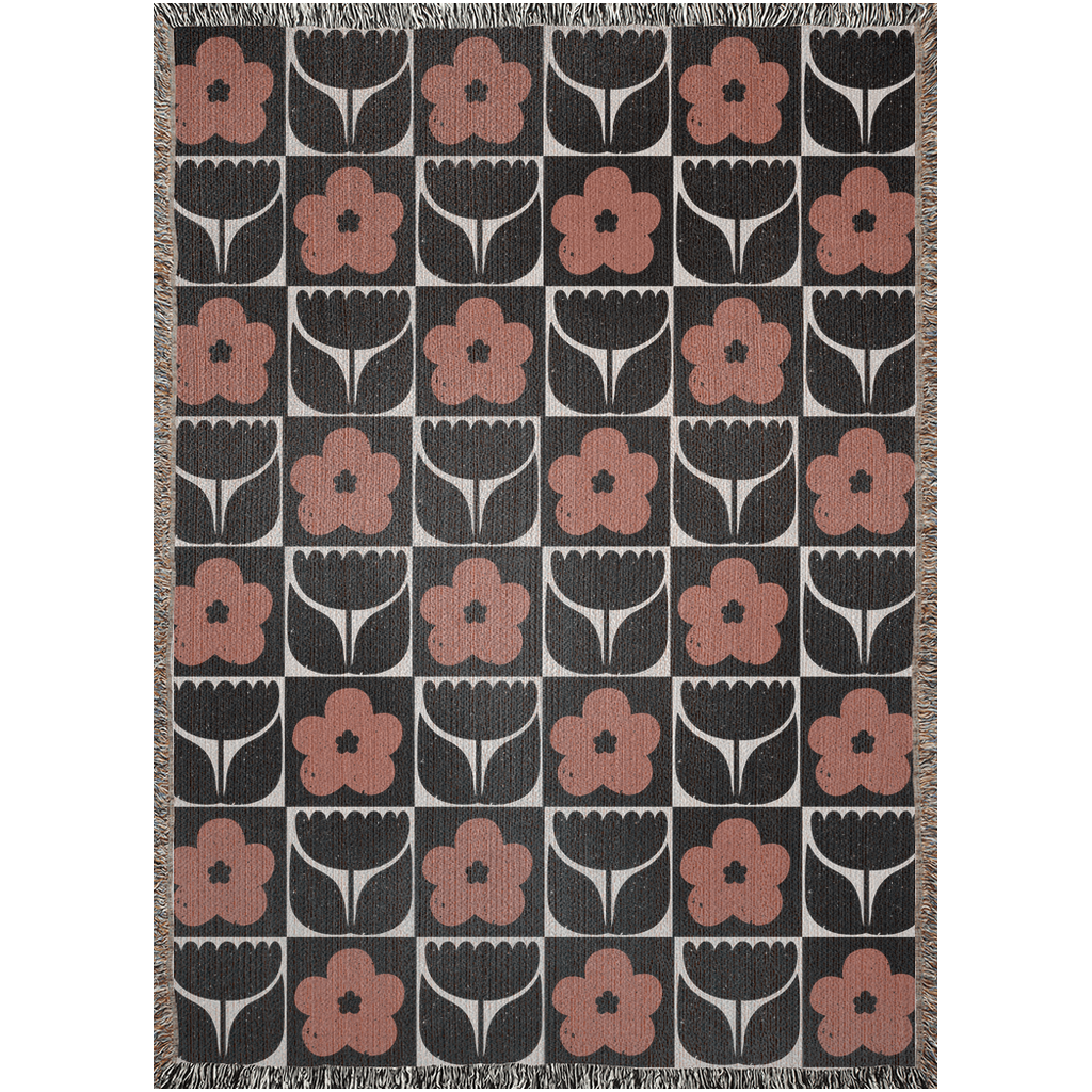 Floral Checkered Woven Cotton Blanket in Terracotta and Black