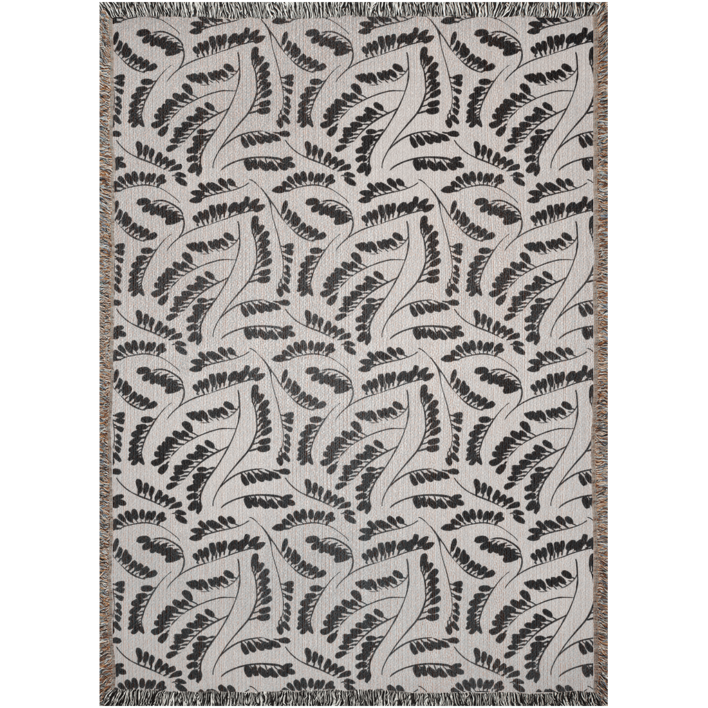 Black and Beige Botanical Leaf Pattern Woven Cotton Blanket