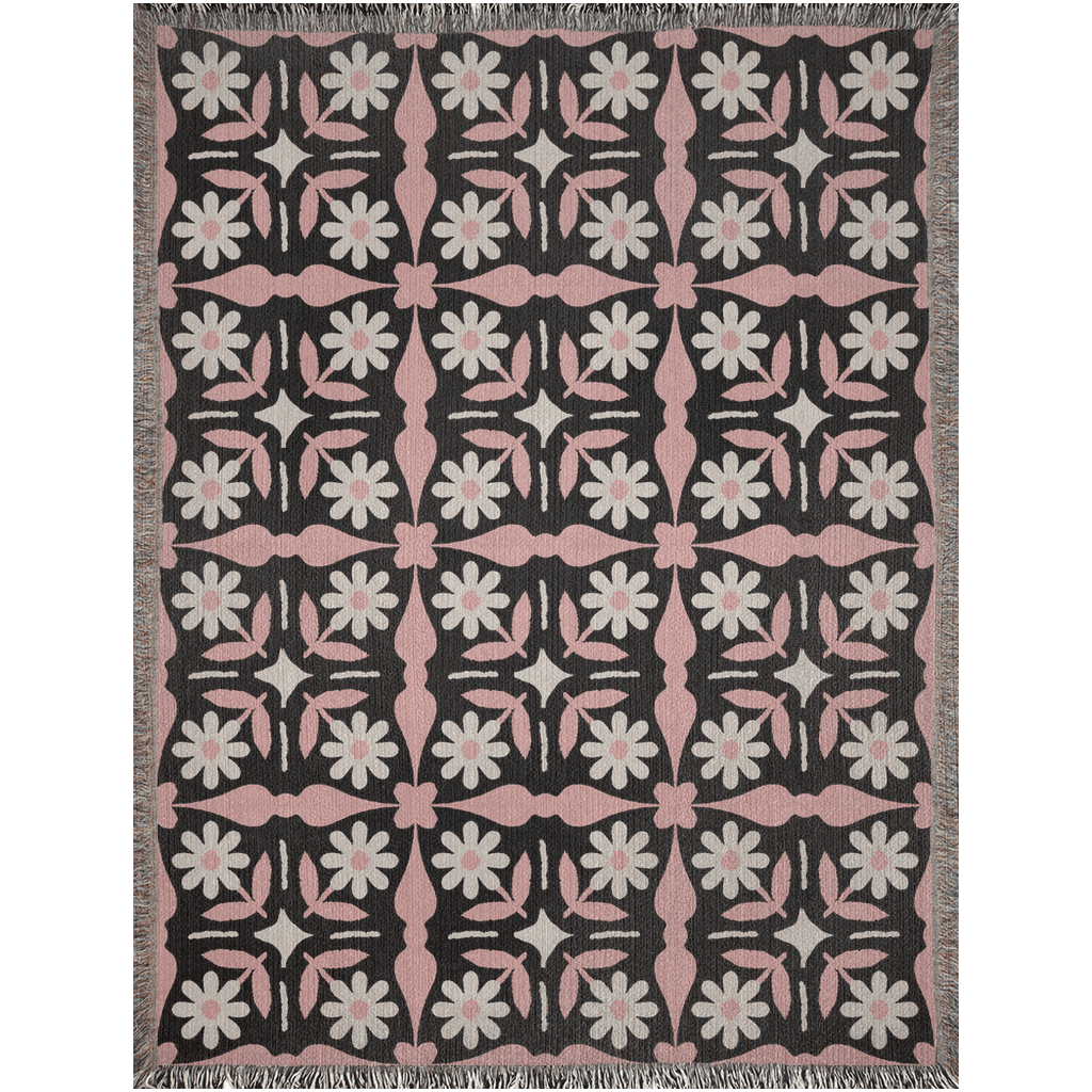 Black and Pink Boho Floral Tile Pattern Woven Cotton Throw Blankets - Taylor Bassam