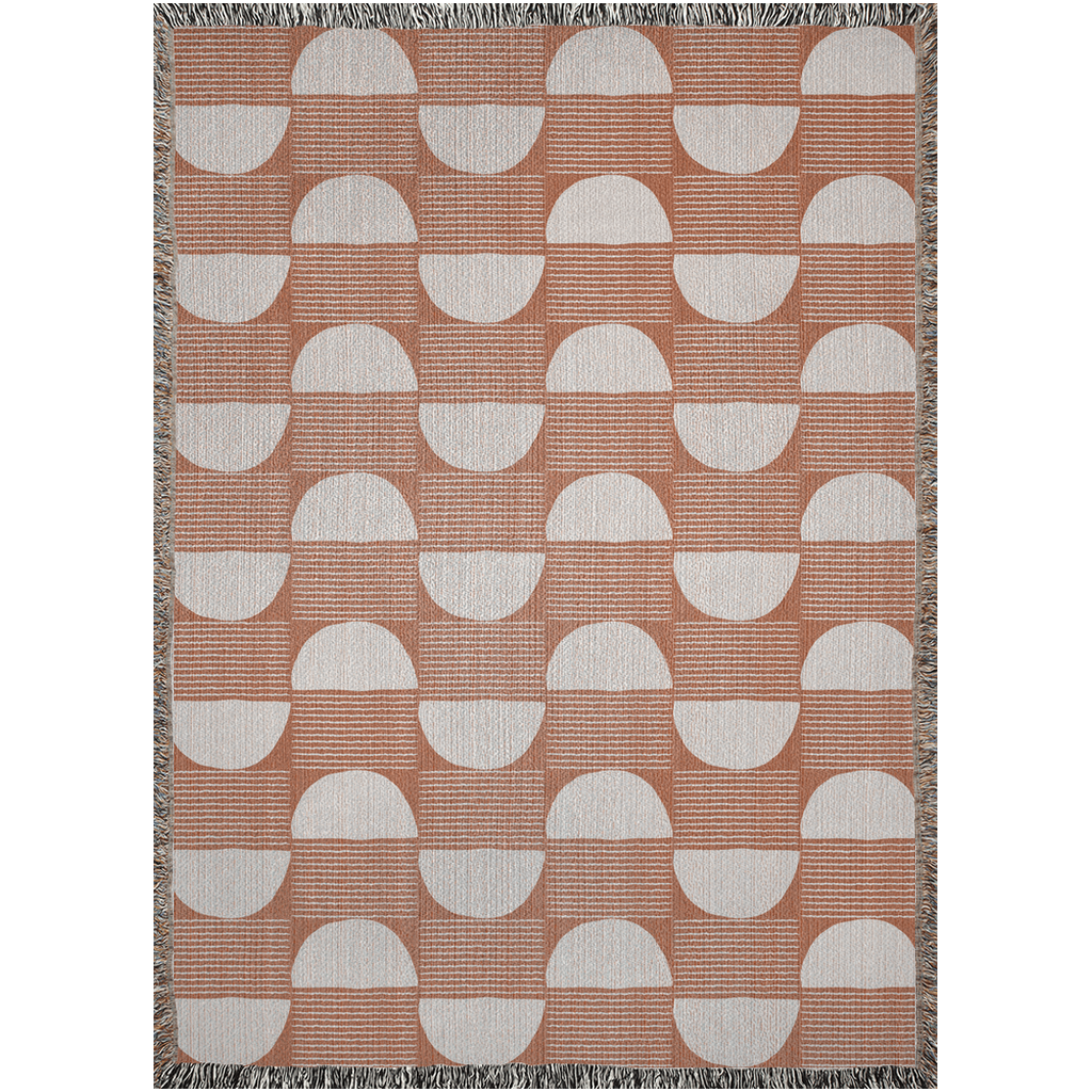 Terracotta Geometric Woven Throw Blanket with Half-Moon Pattern