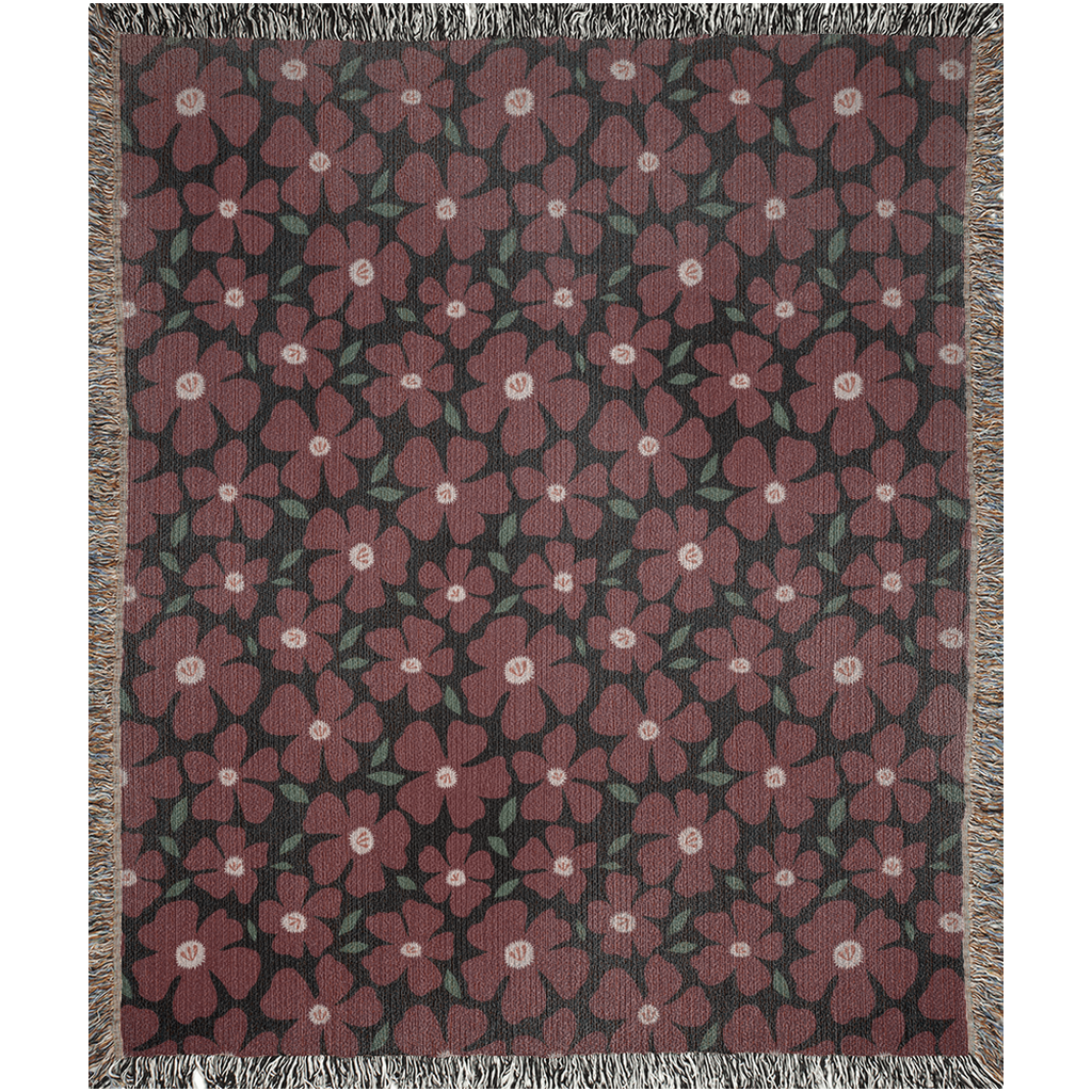 Maroon and Black Daisy Pattern Woven Blanket