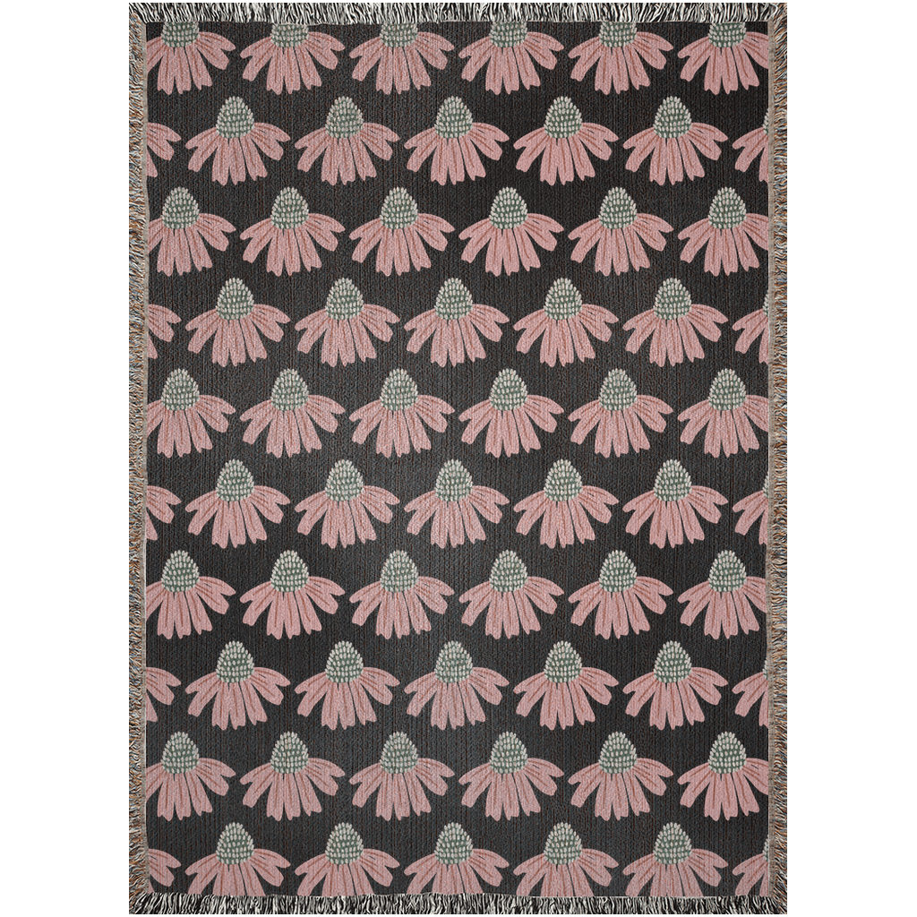 Vibrant Black and Pink Floral Woven Cotton Throw Blanket