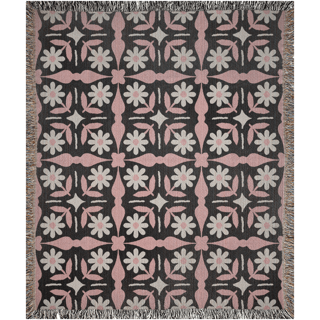 Black and Pink Boho Floral Tile Pattern Woven Cotton Throw Blankets - Taylor Bassam