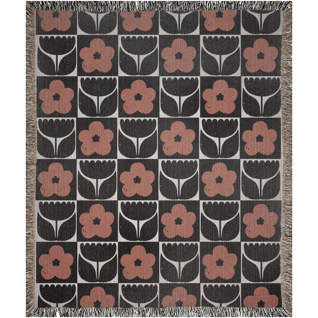 Floral Checkered Woven Cotton Blanket in Terracotta and Black