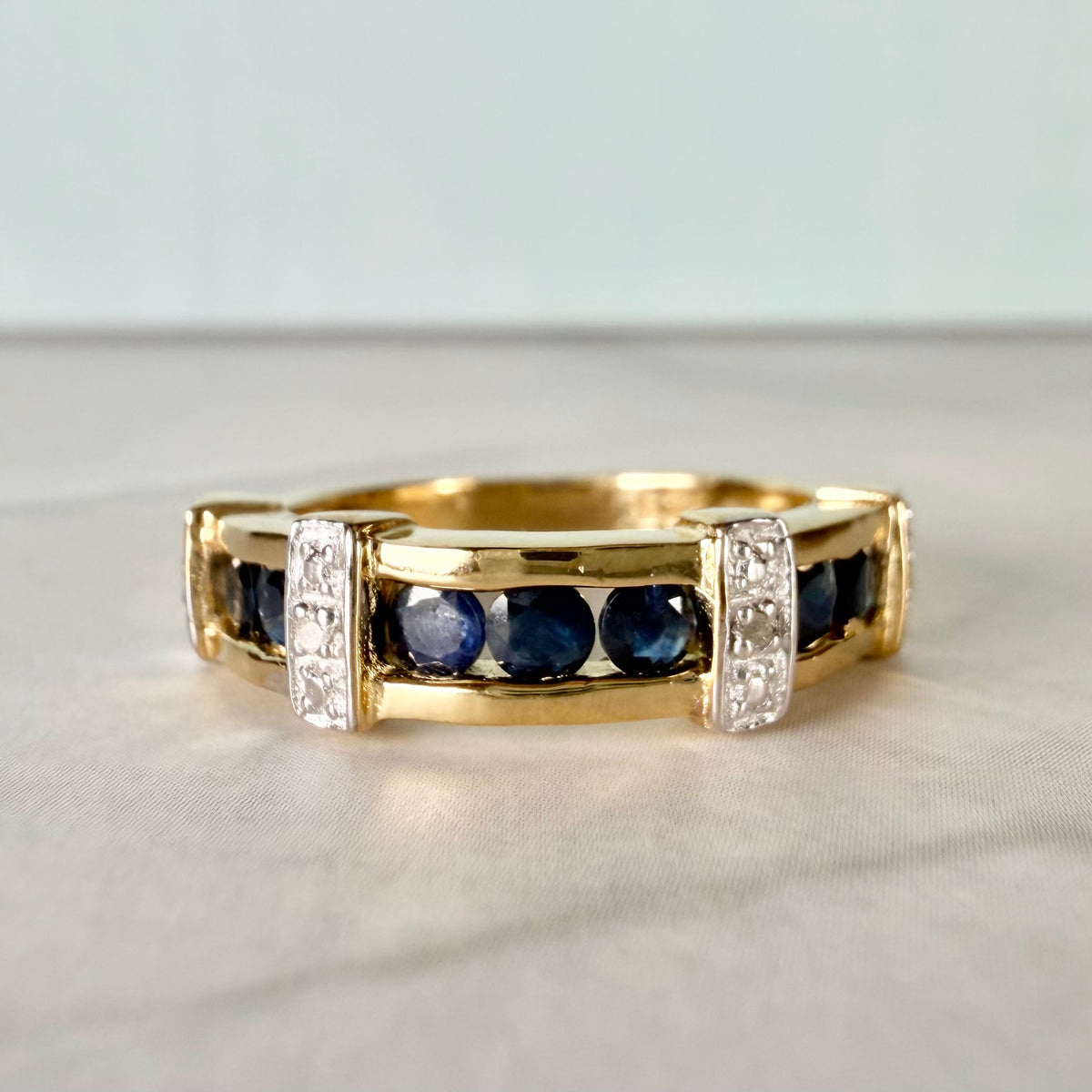 Natural Sapphire & Diamond Channel Ring in Gold Plated Sterling Silver