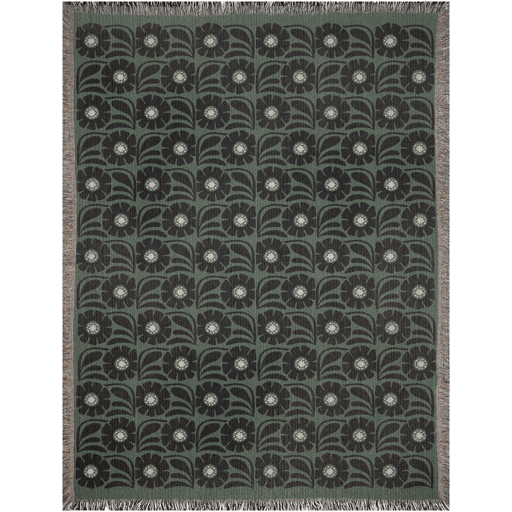 Green And Black Retro Flower Woven Cotton Throw Blankets - Taylor Bassam