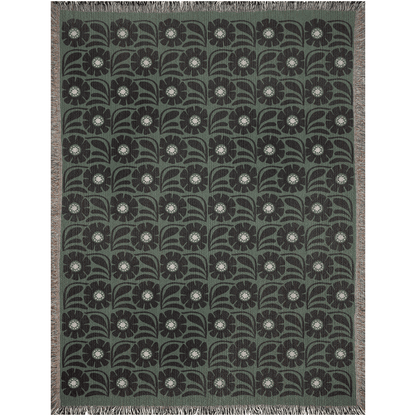 Green And Black Retro Flower Woven Cotton Throw Blankets - Taylor Bassam