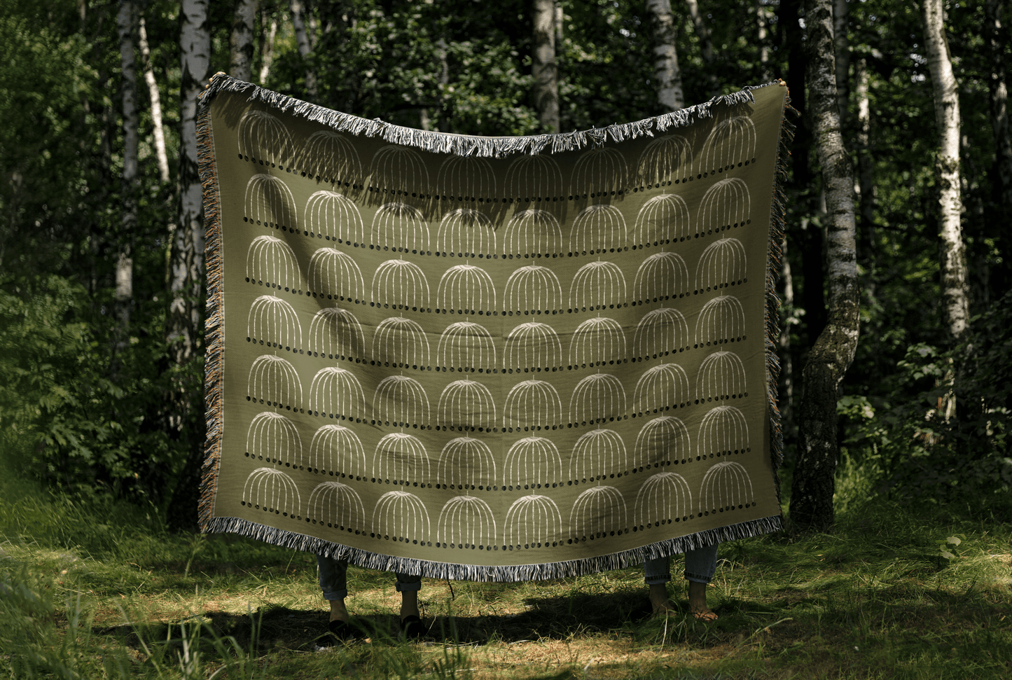 Scandi-Inspired Woven Throw Blanket – Olive Green with White