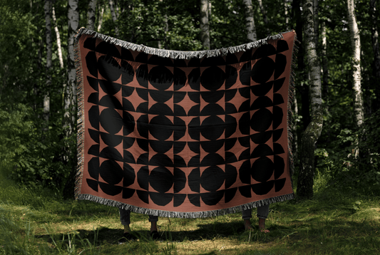 Modern Terracotta & Black Woven Throw Blanket – Geometric Circle Grid