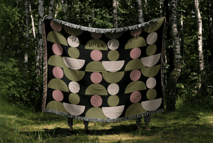 Modern Geometric Woven Throw Blanket – Olive, Blush & Cream Circles