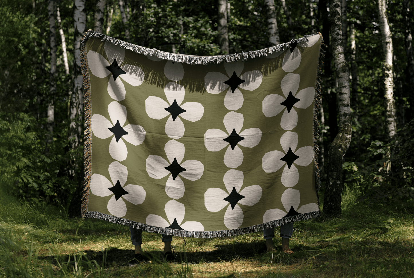 Olive Green Floral Woven Throw Blanket – Mid-Century Starflower