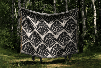Black and Cream Art Deco Floral Woven Throw Blanket