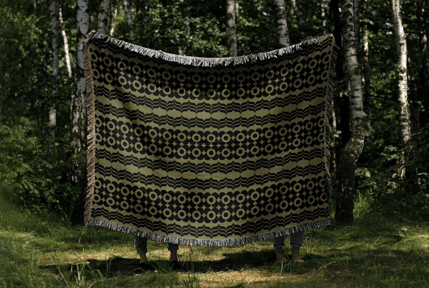 Retro Olive Green Mid-Century Woven Throw Blanket
