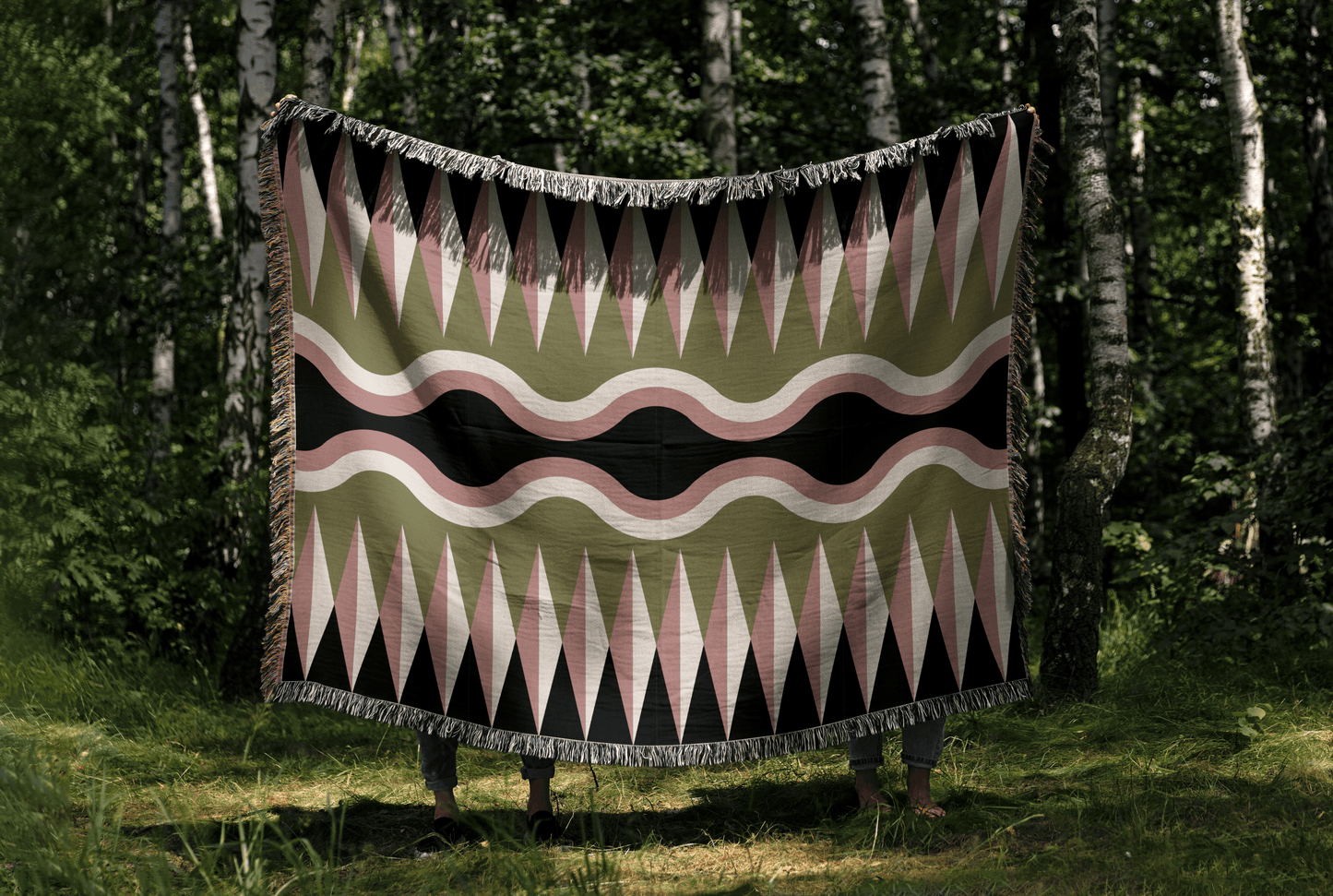 Olive Green and Pink Wavy Zigzag Throw Blanket