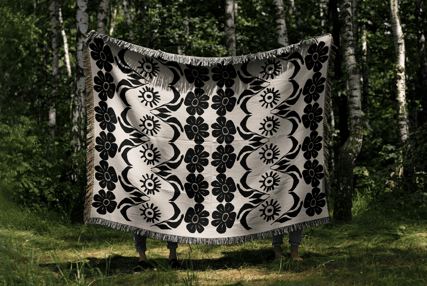 Folk Art Floral Woven Throw Blanket – Black & Ivory Eye and Flower