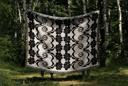 Folk Art Floral Woven Throw Blanket – Black & Ivory Eye and Flower