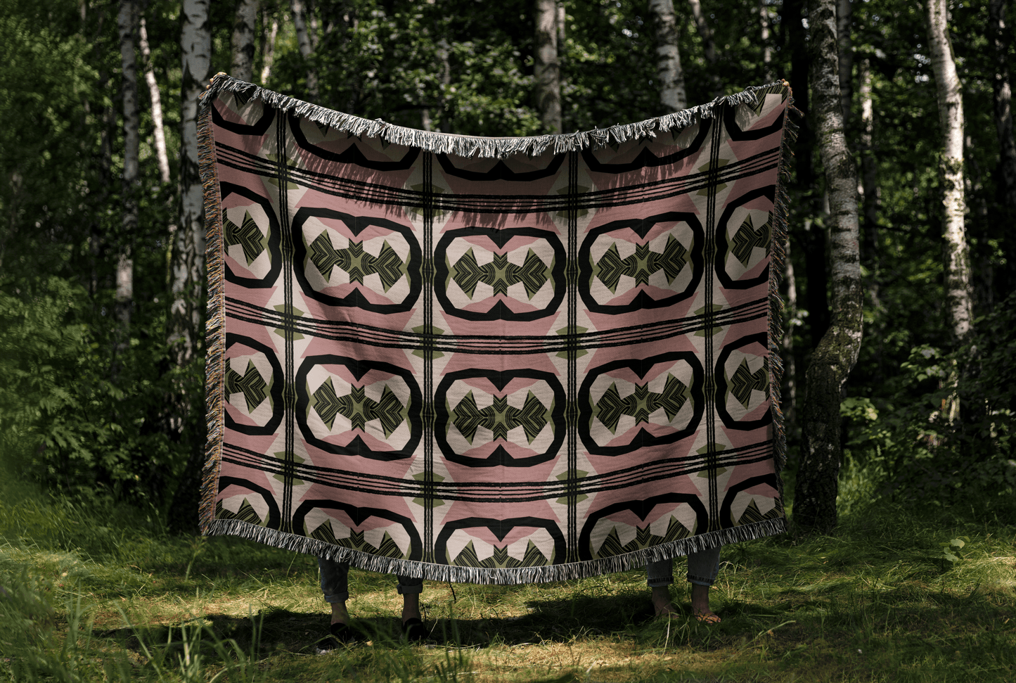 Vintage Kaleidoscope Woven Throw Blanket – Blush, Olive & Black