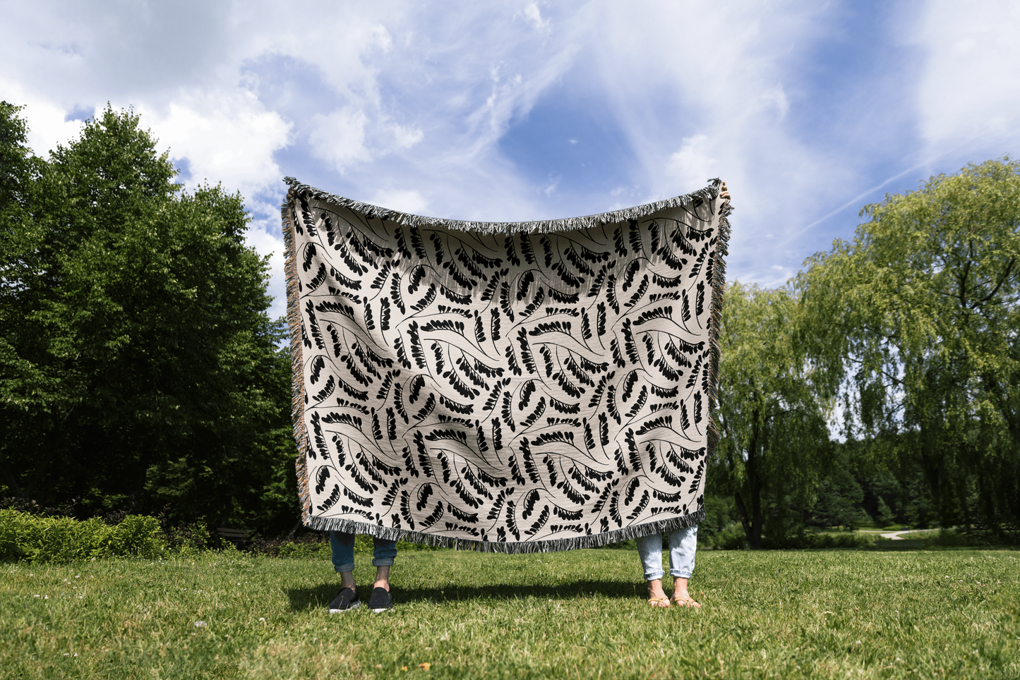 Black and Beige Botanical Leaf Pattern Woven Cotton Blanket