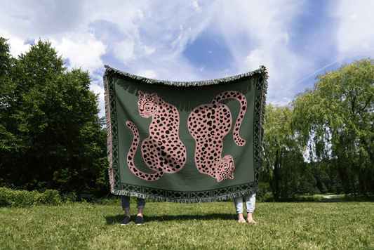 Playful Leopards Woven Cotton Blanket in Green, Pink, and Black