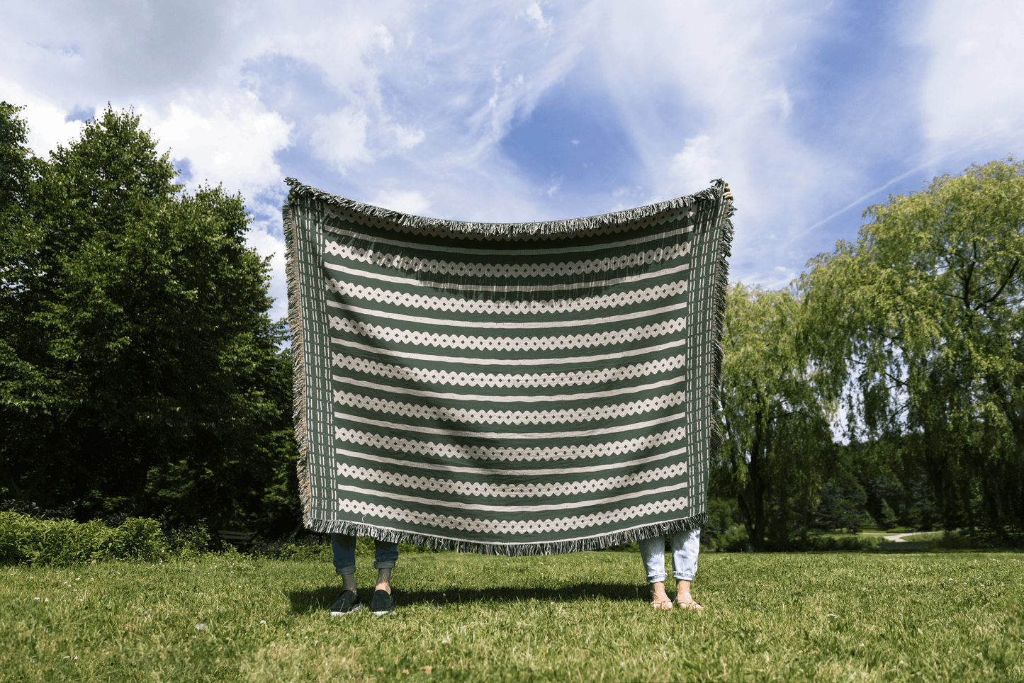Striped Woven Cotton Blanket in Green and Beige