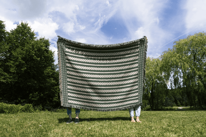 Striped Woven Cotton Blanket in Green and Beige