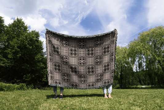 Geometric Patchwork Woven Cotton Blanket in Beige and Black