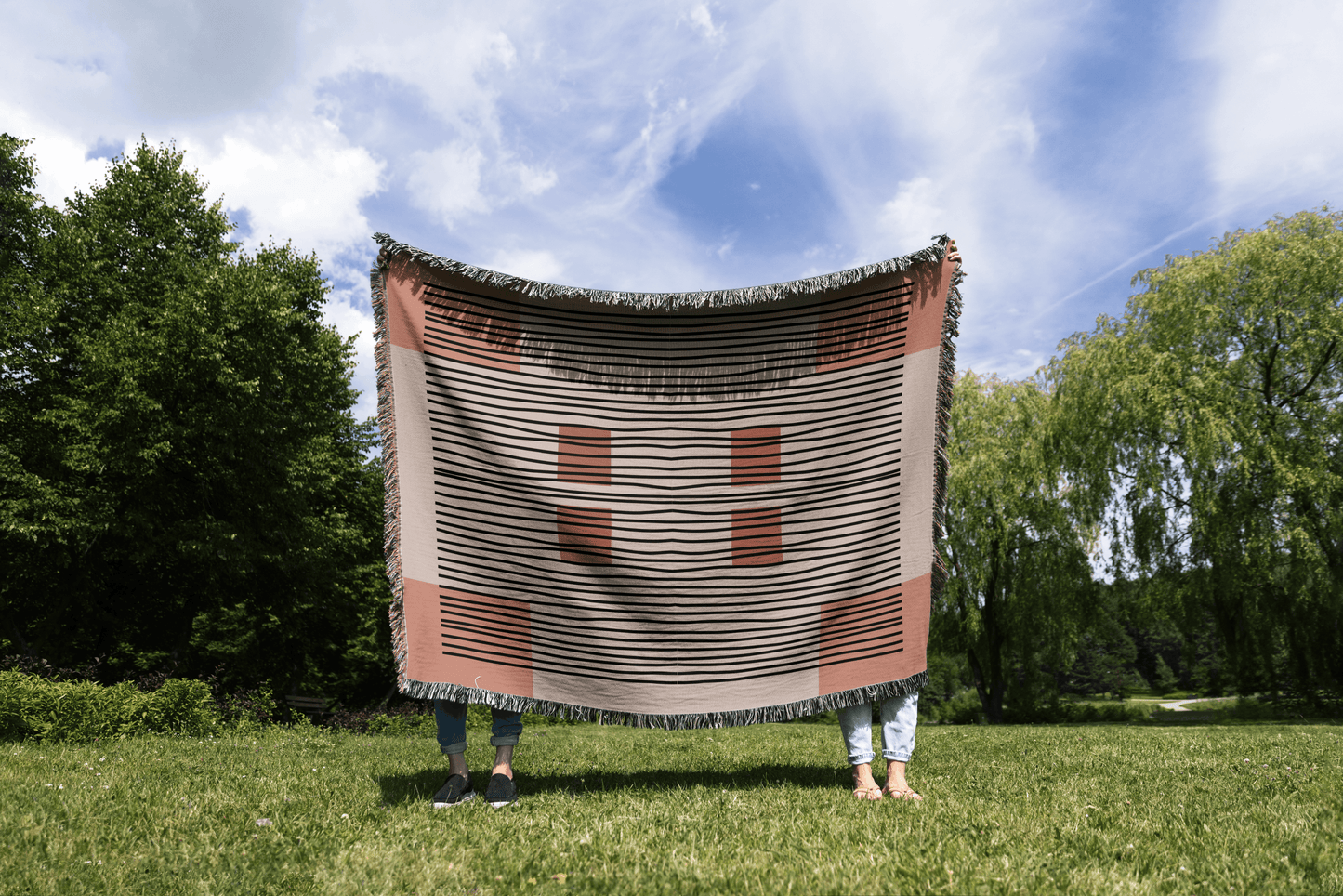 Linear Abstract Woven Cotton Blanket in Terracotta and Black
