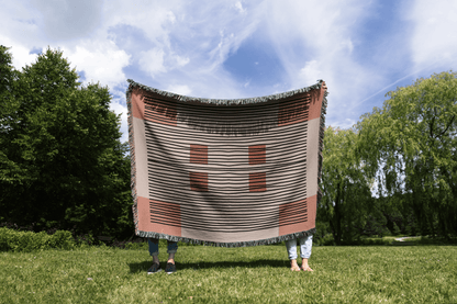 Linear Abstract Woven Cotton Blanket in Terracotta and Black