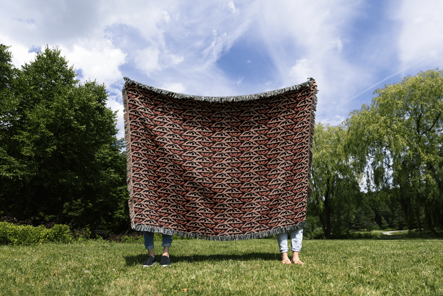 Terracotta, Black, and Beige Geometric Woven Cotton Blanket