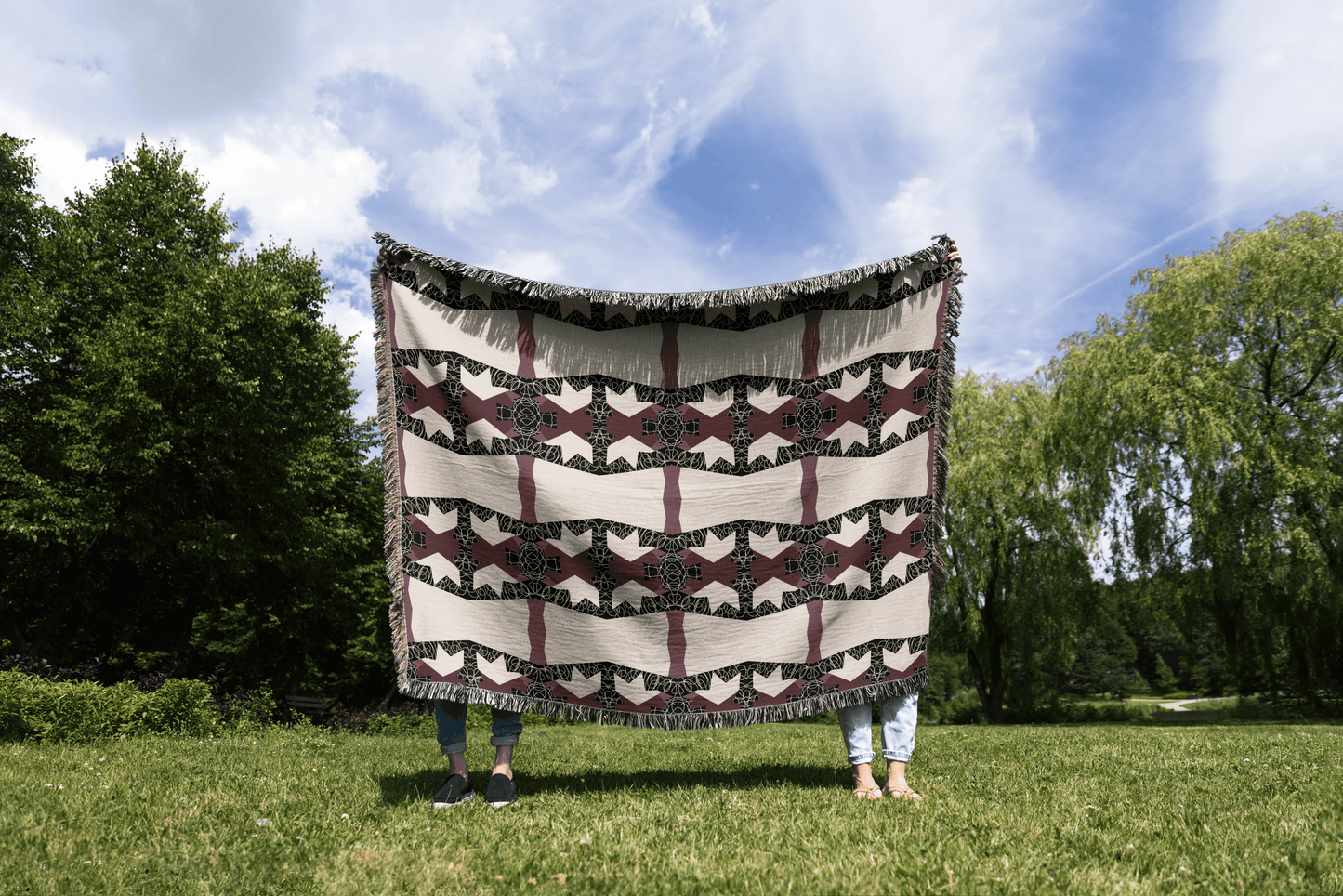 Crimson Nexus Geometric Tapestry in Black, Beige, and Mauve