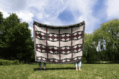 Crimson Nexus Geometric Tapestry in Black, Beige, and Mauve