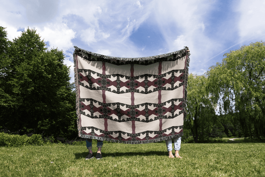 Crimson Nexus Geometric Tapestry in Black, Beige, and Mauve