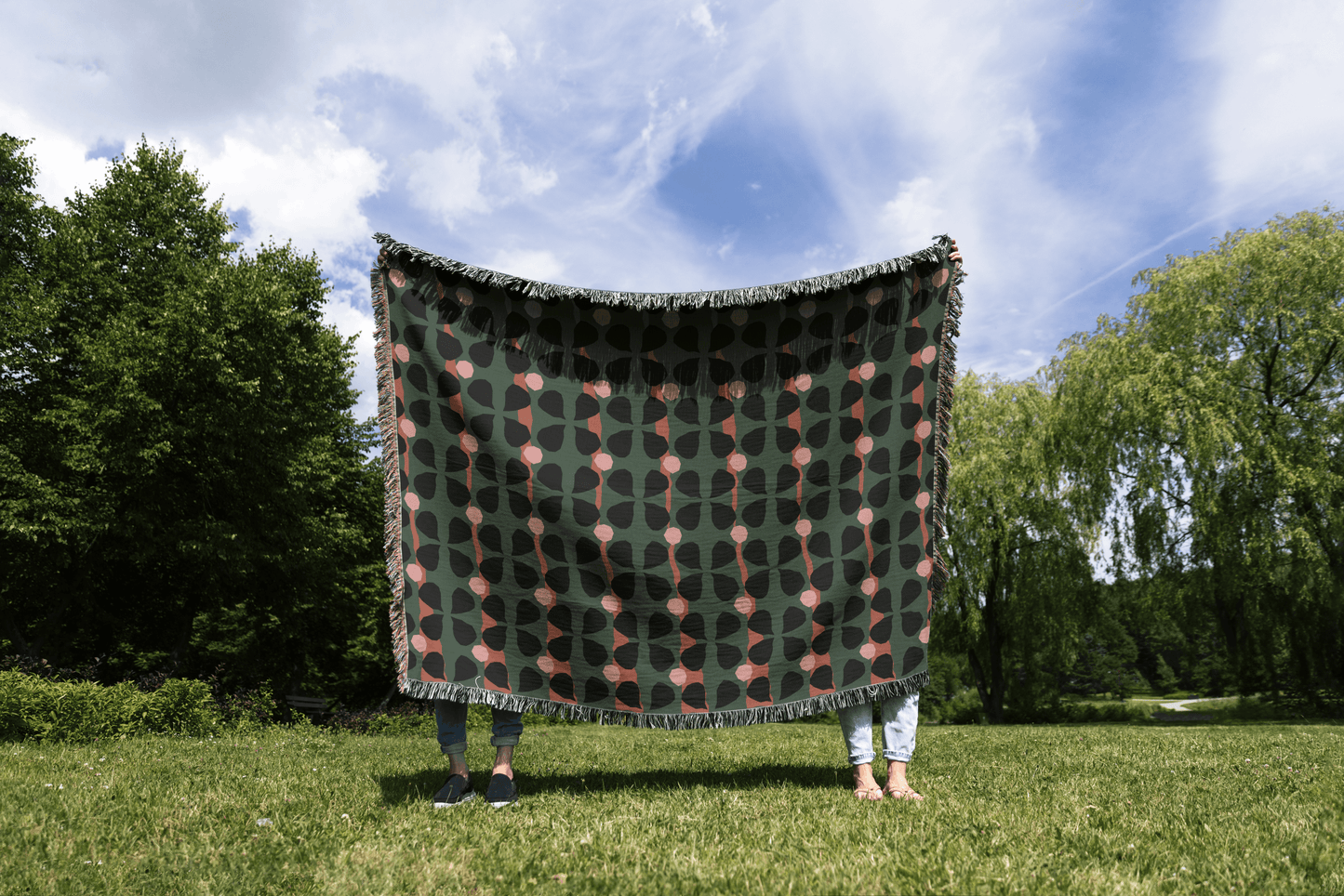 Mid-Century Modern Clover Woven Cotton Blanket in Green, Pink, and Black