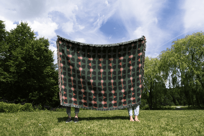 Mid-Century Modern Clover Woven Cotton Blanket in Green, Pink, and Black
