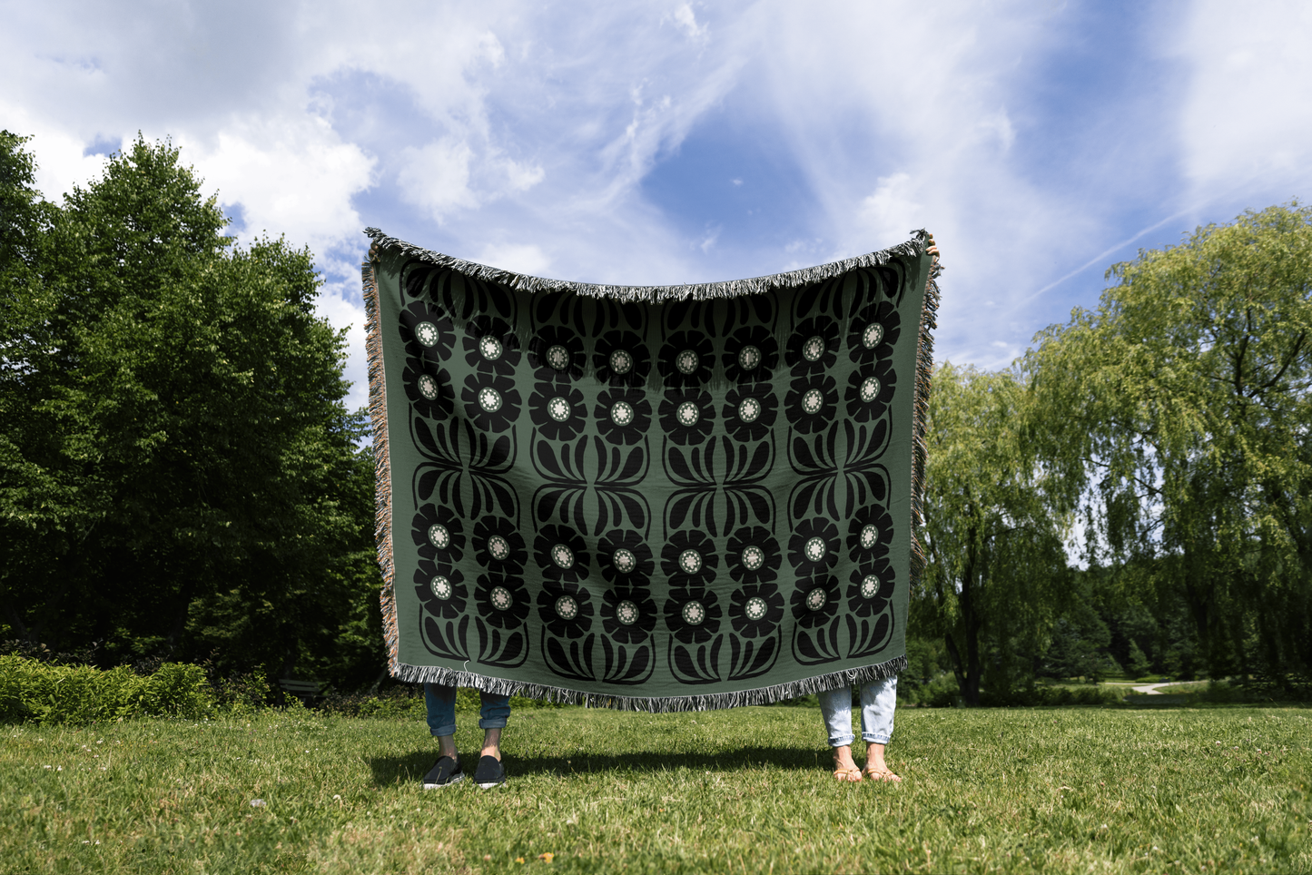 Olive Green and Black Boho Floral Woven Cotton Blanket