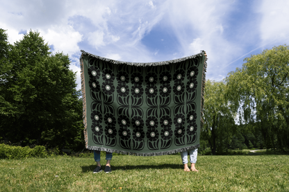 Olive Green and Black Boho Floral Woven Cotton Blanket