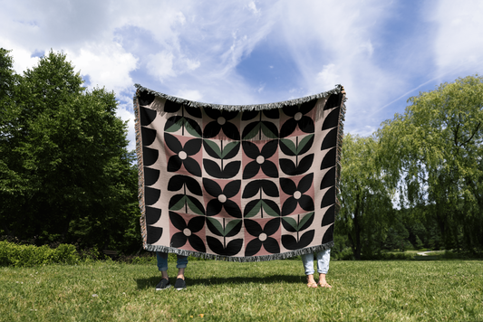 Mid-Century Modern Geometric Floral Cotton Throw Blanket
