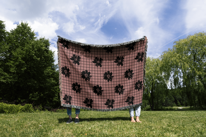 Checkered Floral Woven Throw Blanket