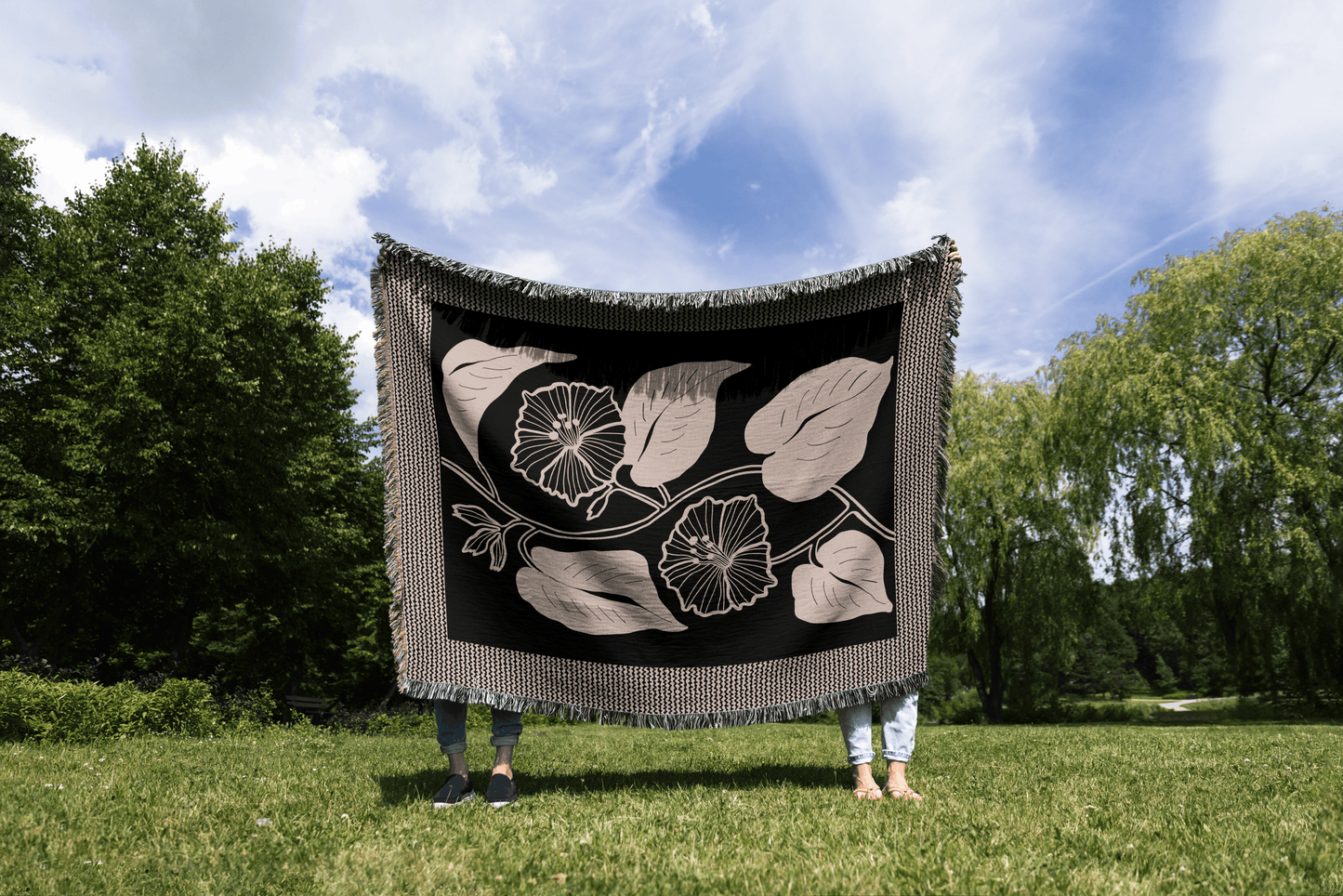 Black and Beige Botanical Woven Throw Blanket
