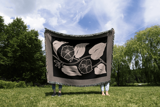 Black and Beige Botanical Woven Throw Blanket