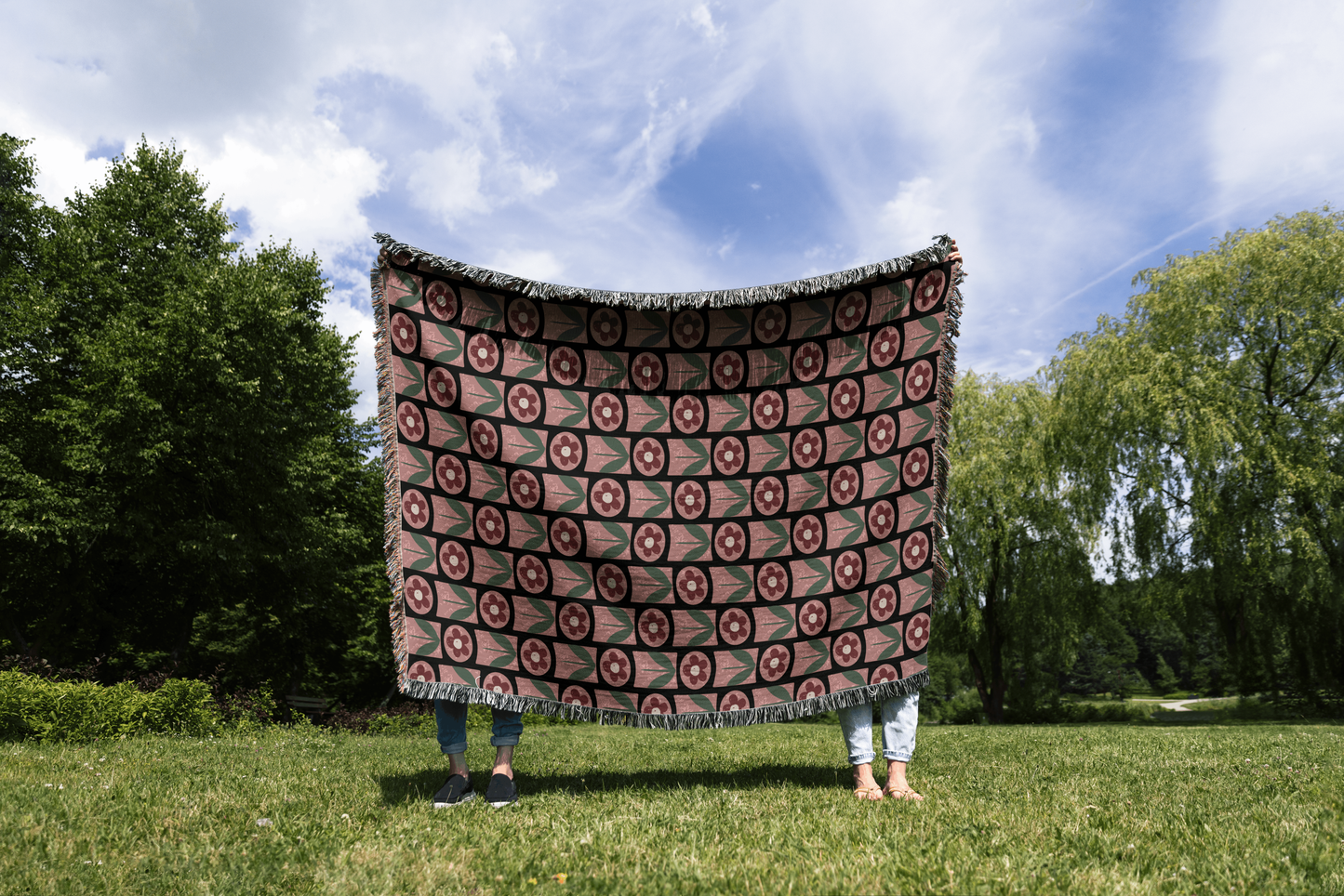 Boho Pink Floral Abstract Woven Throw Blanket
