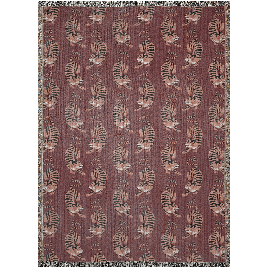 Maroon Vintage Tiger Woven Cotton Blanket