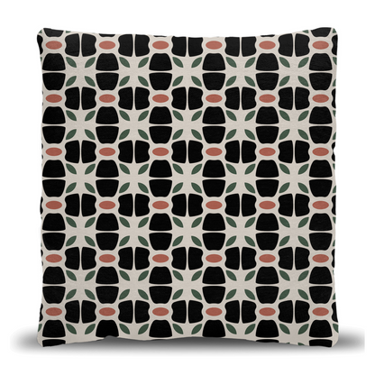 1960s Retro Floral Woven Pillow in Black, Green & Rust